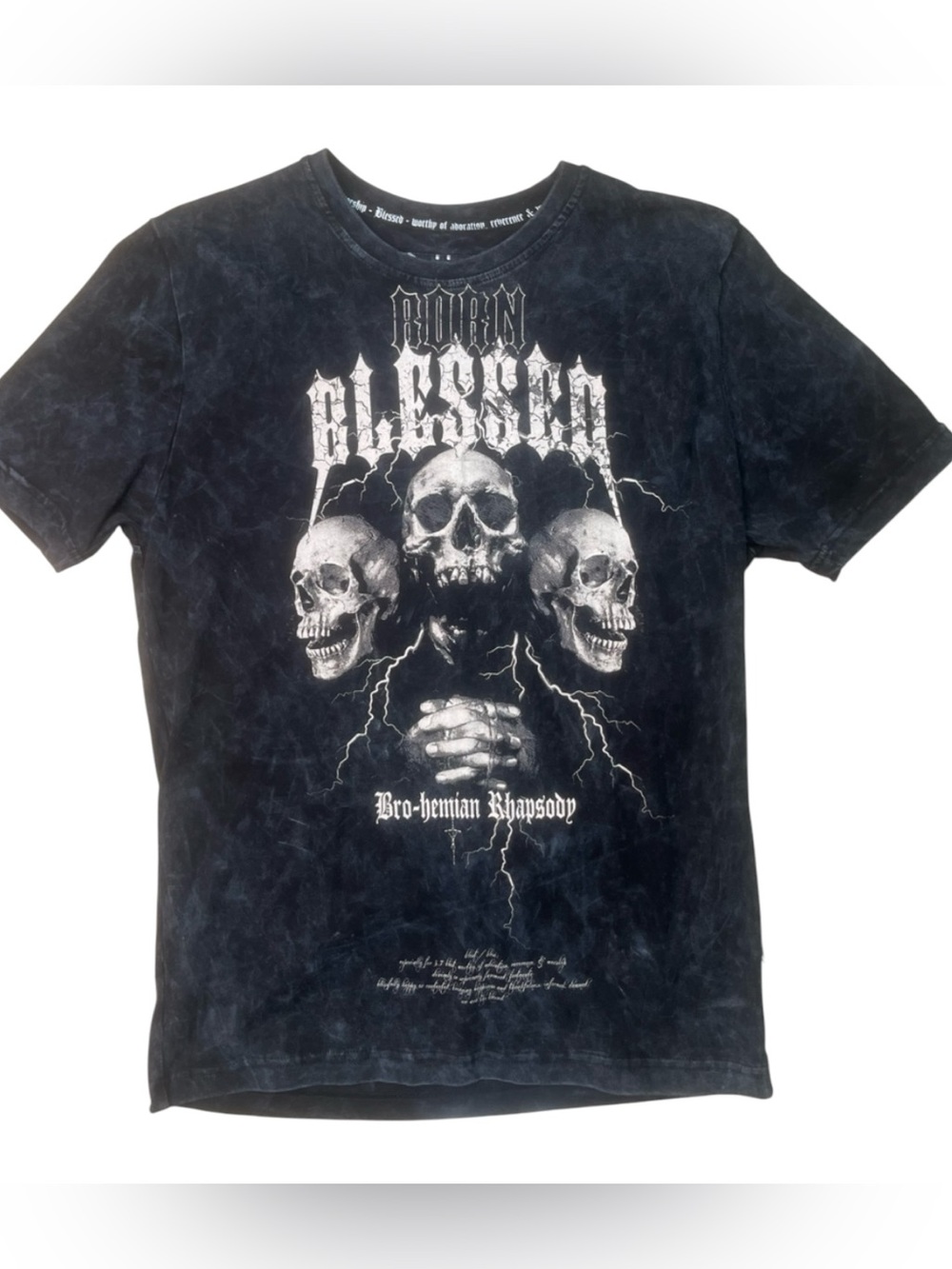 Sz M blessed Burn Blessing Black Graphic Tee - Rock Skull Design